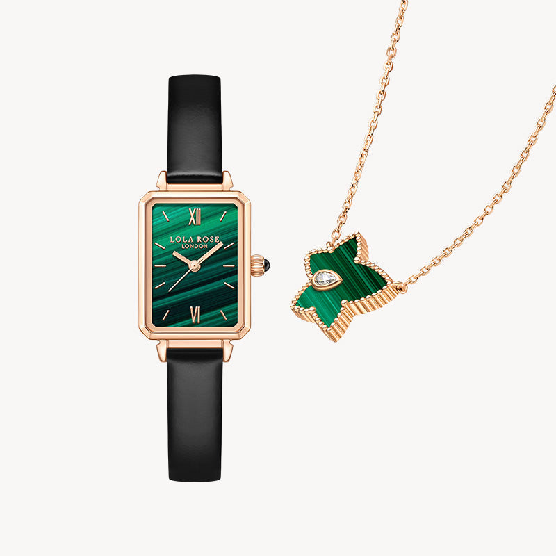 Malachite Textured Watch & Bead Necklace Gift Set