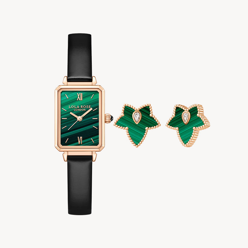 Malachite Textured Watch & Bead Earrings Gift Set