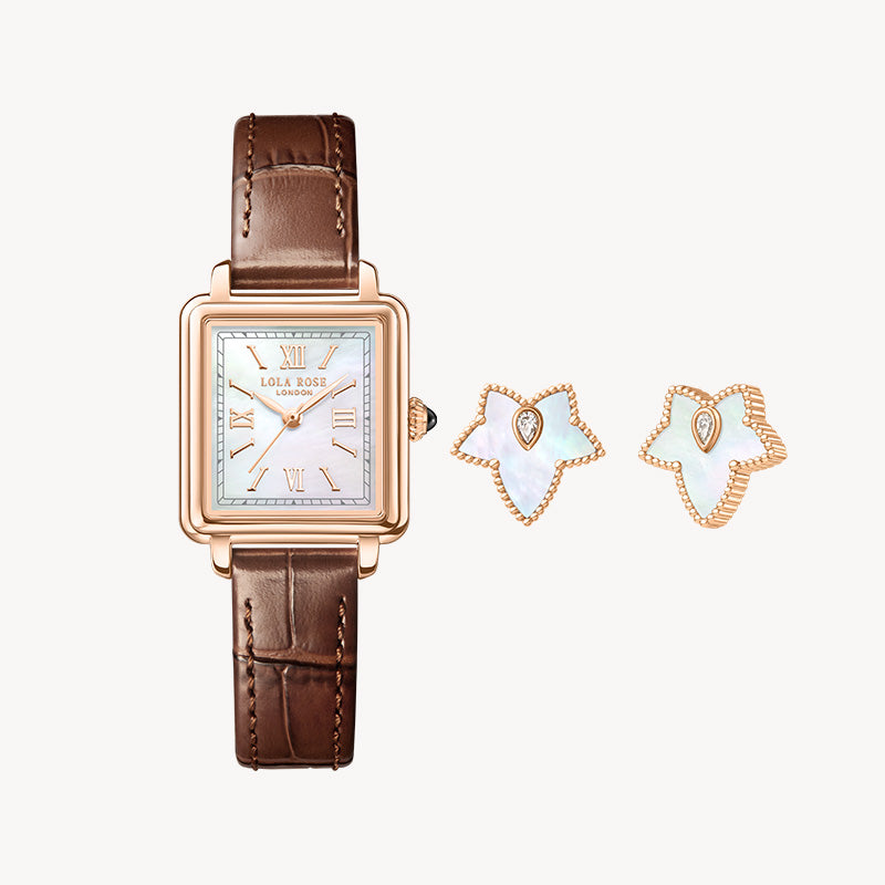 Cube Mother of Pearl Watch & Bead Earrings Gift Set