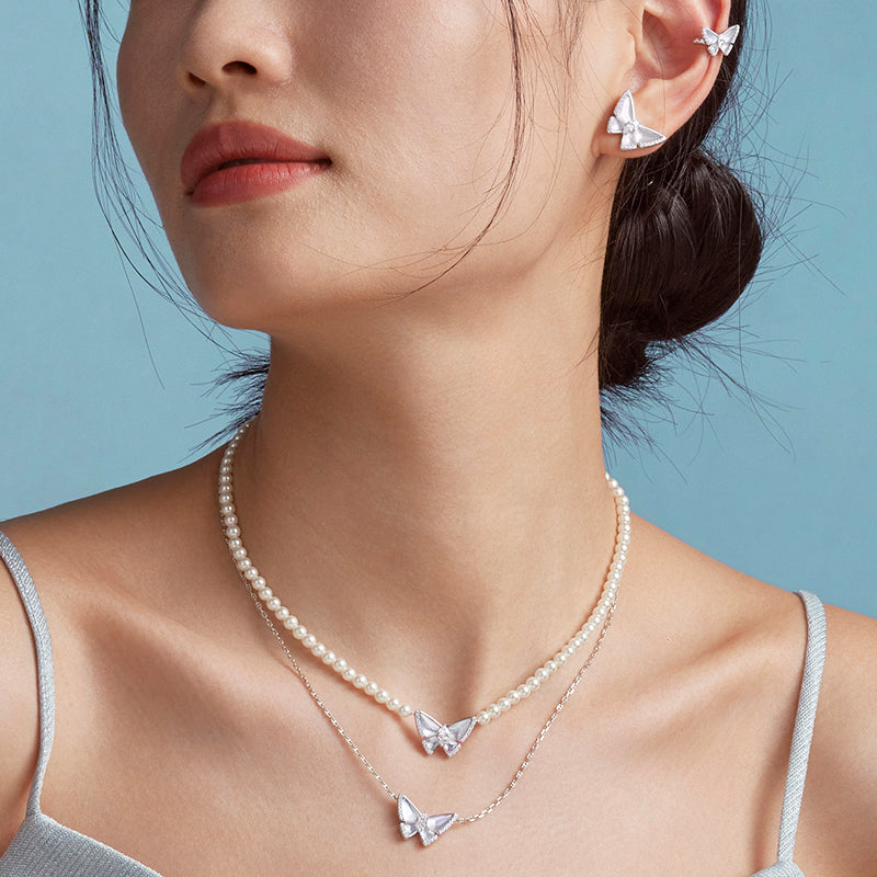 Crystal Butterfly Artificial Pearl Necklace & Earrings Gift Set