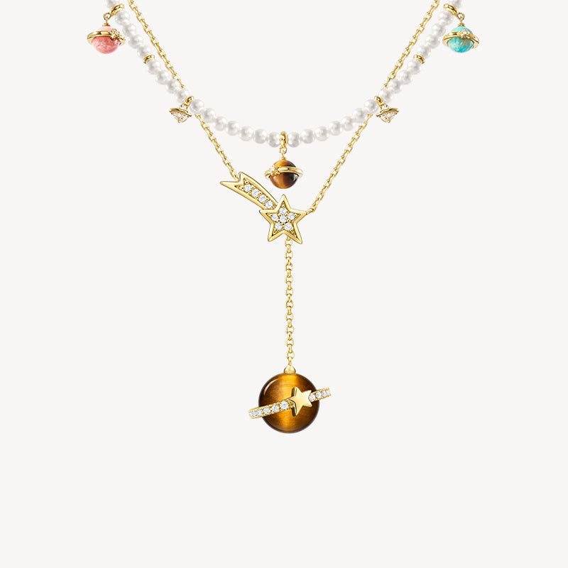 Heliocentric Freshwater Pearl & Tiger's Eye Necklace Gift Set