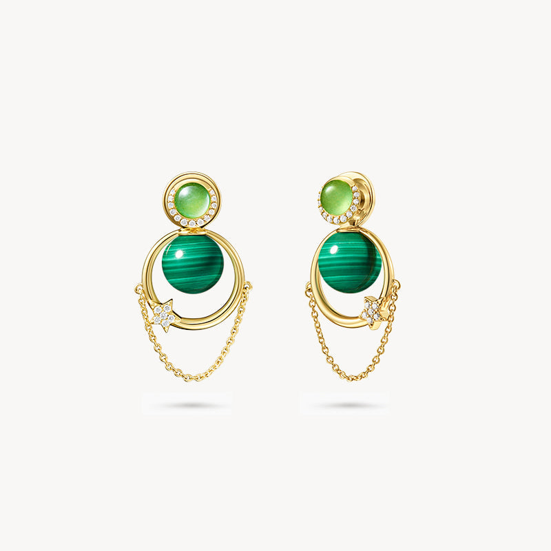Heliocentric Malachite Earrings with Chain Accents