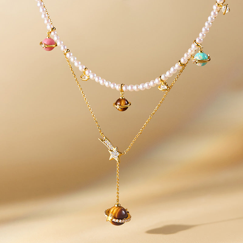 Heliocentric Freshwater Pearl & Tiger's Eye Necklace Gift Set