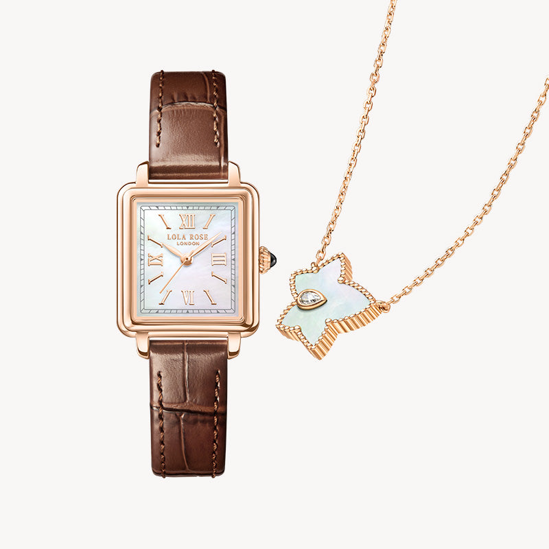 Cube Mother of Pearl Watch & Bead Necklace Gift Set